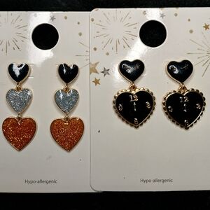 5$ Bundle Earrings Hearts Dangle Glitter New Years Eve Clock Black Gold Copper